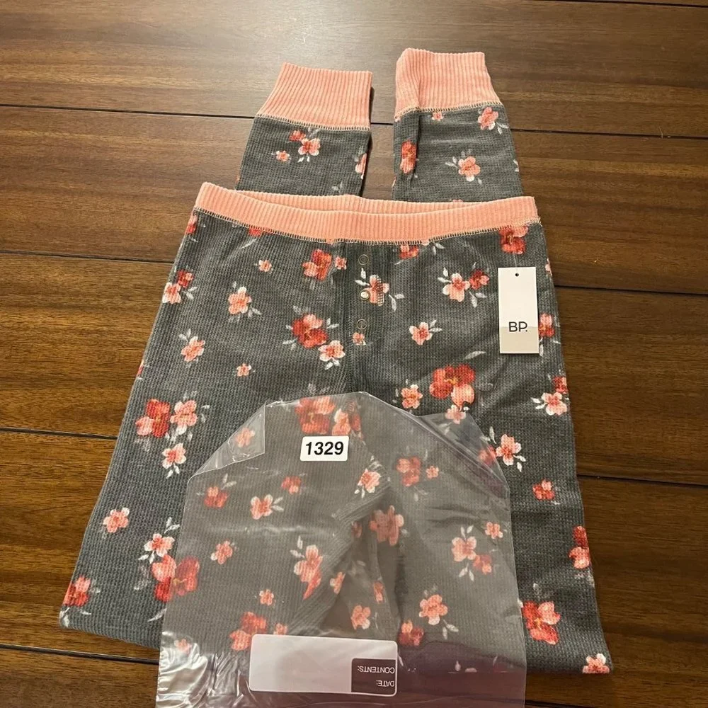 NWT BP Floral Elastic Waist Tapered Ribbed Knit Leggings Pants XS Grey Pink